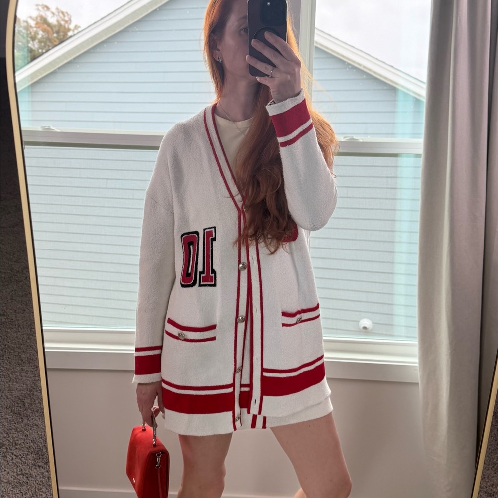 Maje Red and White Knit Cardigan and skirt top size 3, skirt size 36 - Picture 5 of 10